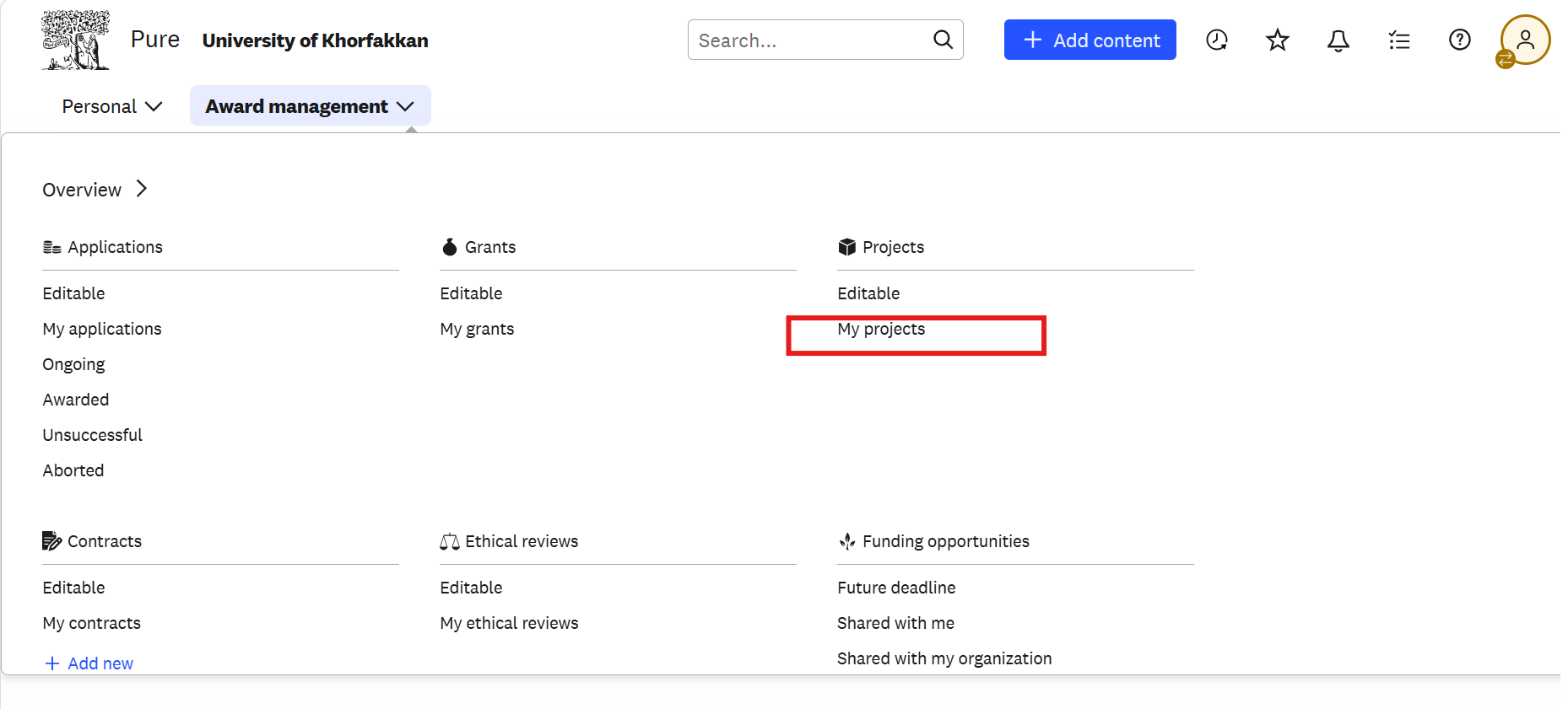 The Award management menu. Under Projects, choose My projects.