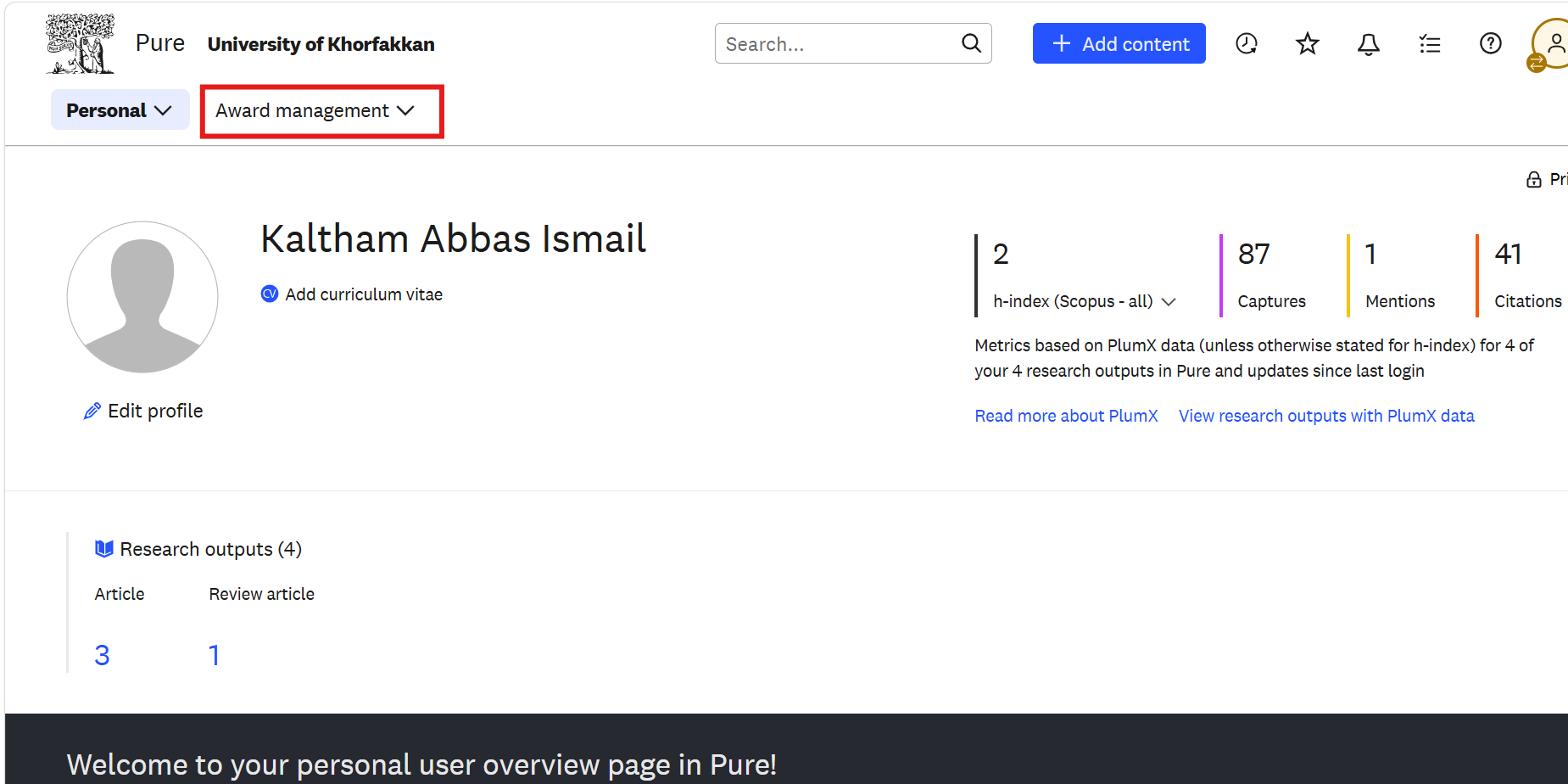 The Award management tab beside Personal on your Personal overview page.