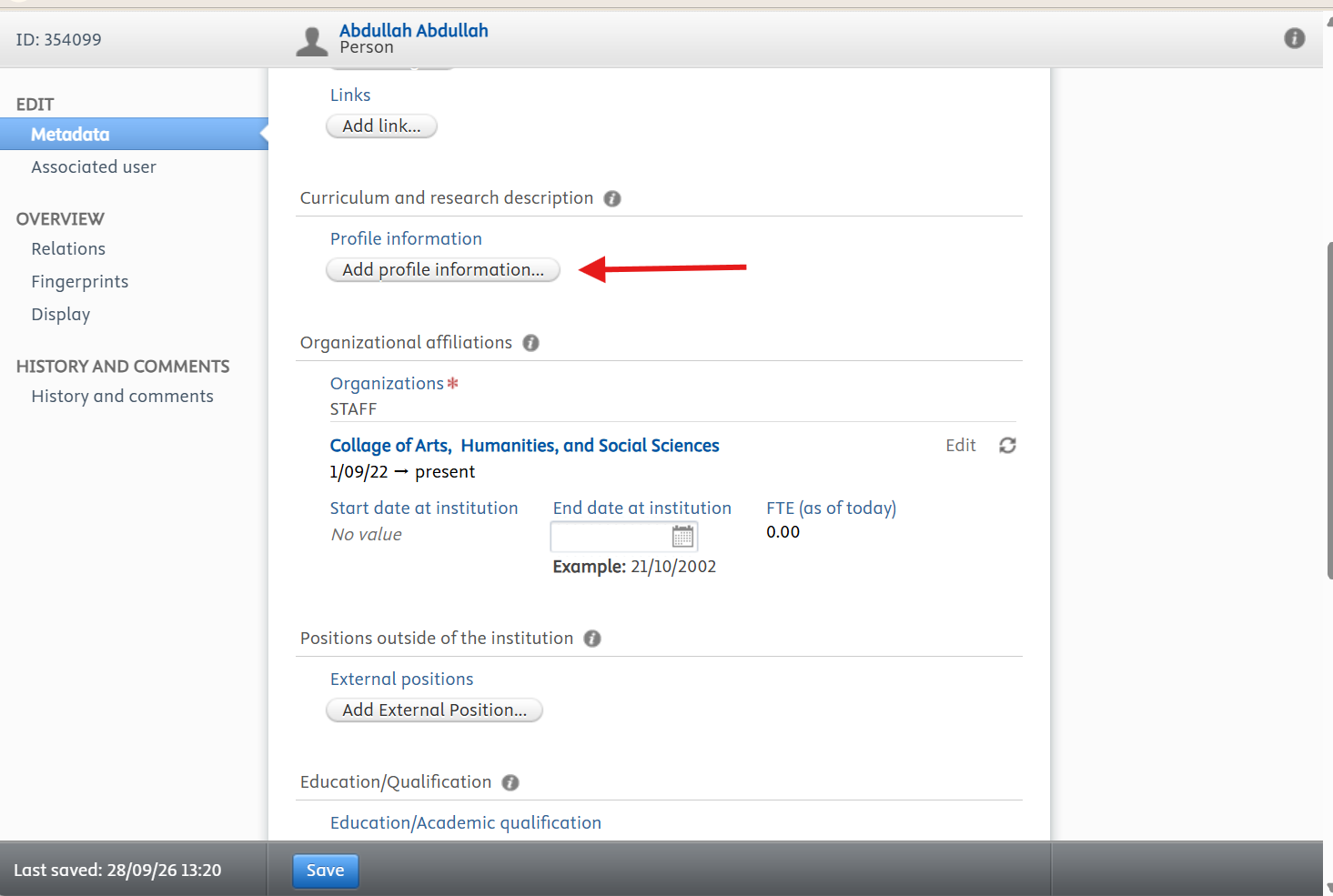 Curriculum and research description: Add profile information.