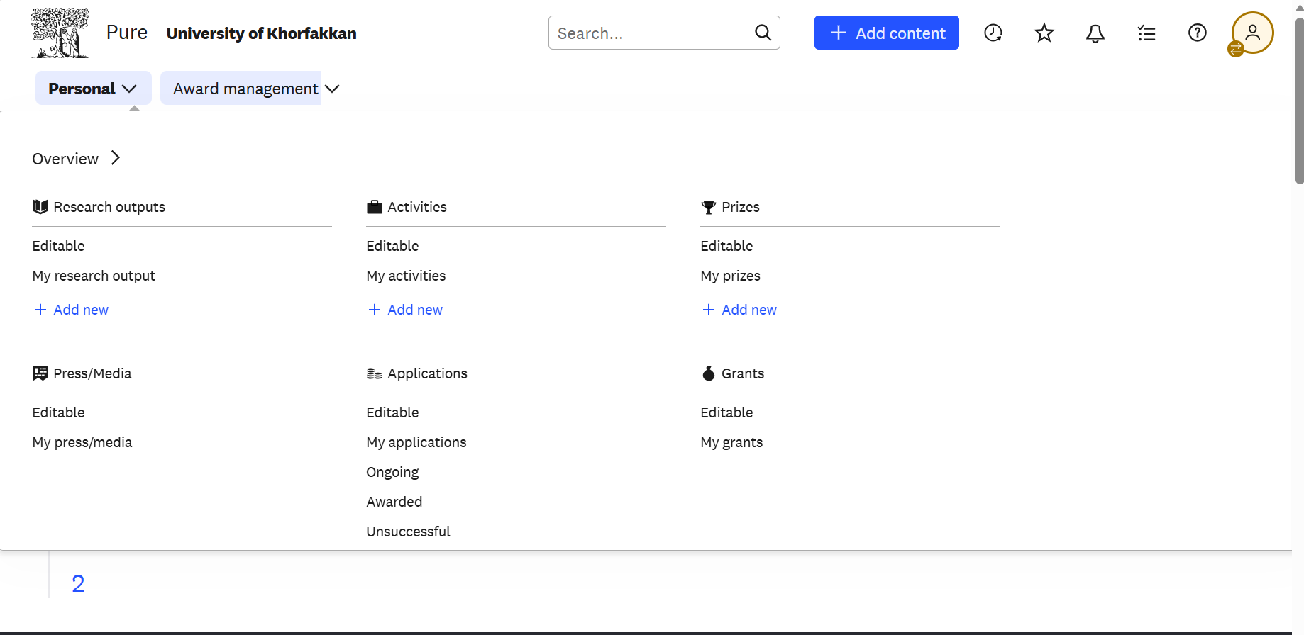The Personal menu, with prizes, press/media and the other content types you can add.