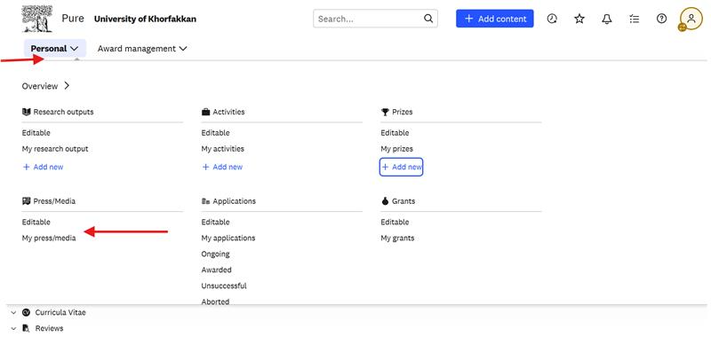 Press/Media in the Personal menu, where media records are added and listed.
